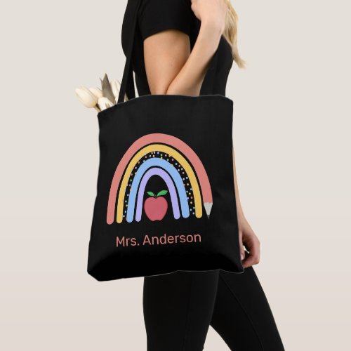 Cute Pastel Colored Rainbow Teacher Black Tote Bag