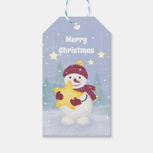 Cute Pastel colors Snowman Holding a Star  Gift Tags