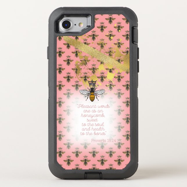 Cute Pastel Coral Bee Grid Faith Queen Bee Otterbox iPhone Case (Back)
