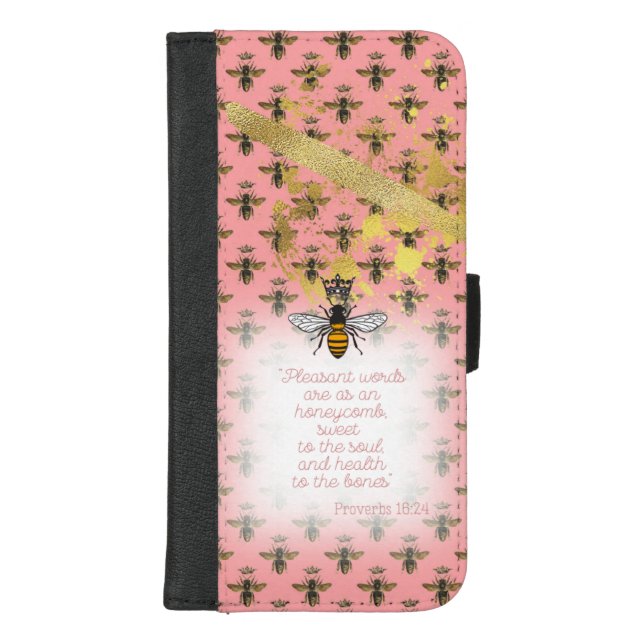 Cute Pastel Coral Bee Matrix Bible Queen Bee iPhone Wallet Case (Front)