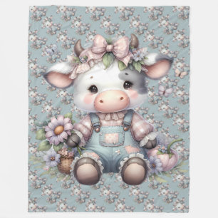 Cute Pastel Cow in Overalls with Flowers Fleece Blanket