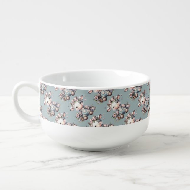 Cute Pastel Cow in Overalls with Flowers Soup Mug (Right)