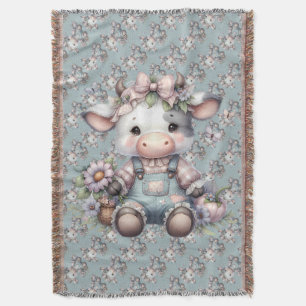 Cute Pastel Cow in Overalls with Flowers Throw Blanket
