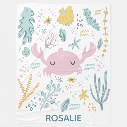 Cute Pastel Crab Underwater Scene Personalized Fleece Blanket