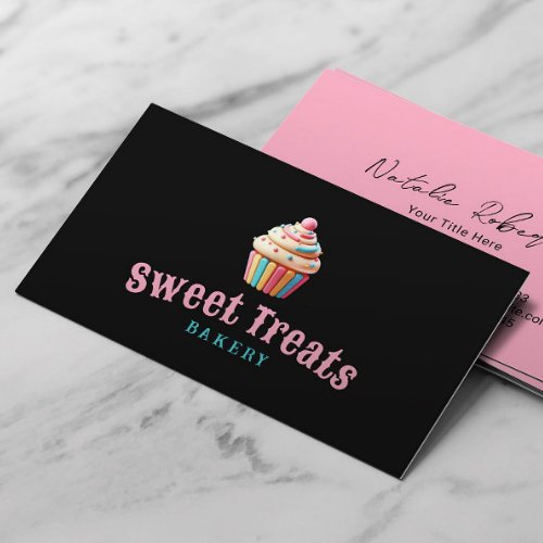 Cute Pastel Cupcake Bakery  Pastry Chef Black Business Card