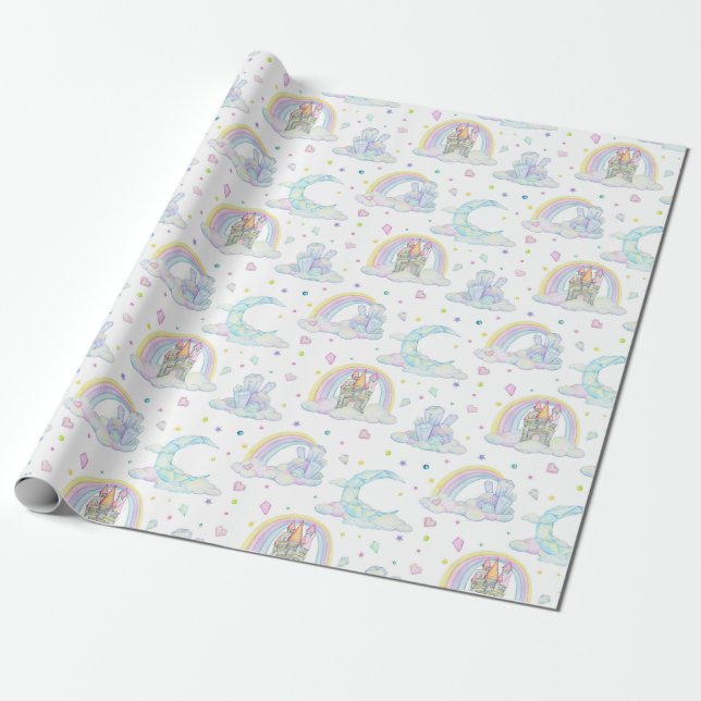 Cute Pastel Diamond Castle And Clouds Wrapping Paper (Unrolled)