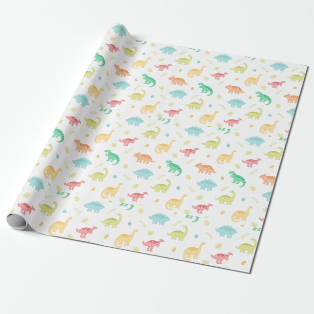 Cute Pastel Dino Birthday  Wrapping Paper (Unrolled)
