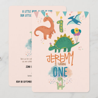 Cute Pastel Dinosaur First Birthday Invitation