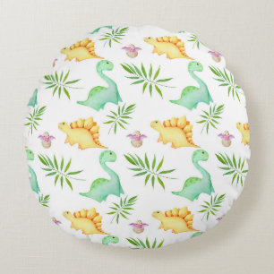 Cute Pastel Dinosaur & Palm Leaves Pattern Round Pillow