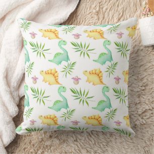 Cute Pastel Dinosaur & Palm Leaves Pattern Throw Pillow