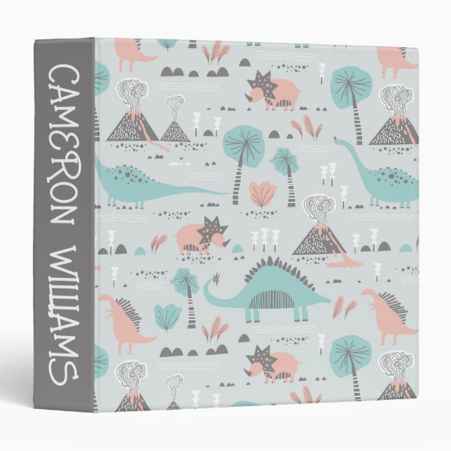 Cute Pastel Dinosaur Pattern 3 Ring Binder (Front/Spine)