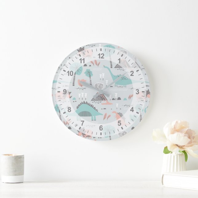 Cute Pastel Dinosaur Pattern Large Clock (Home)