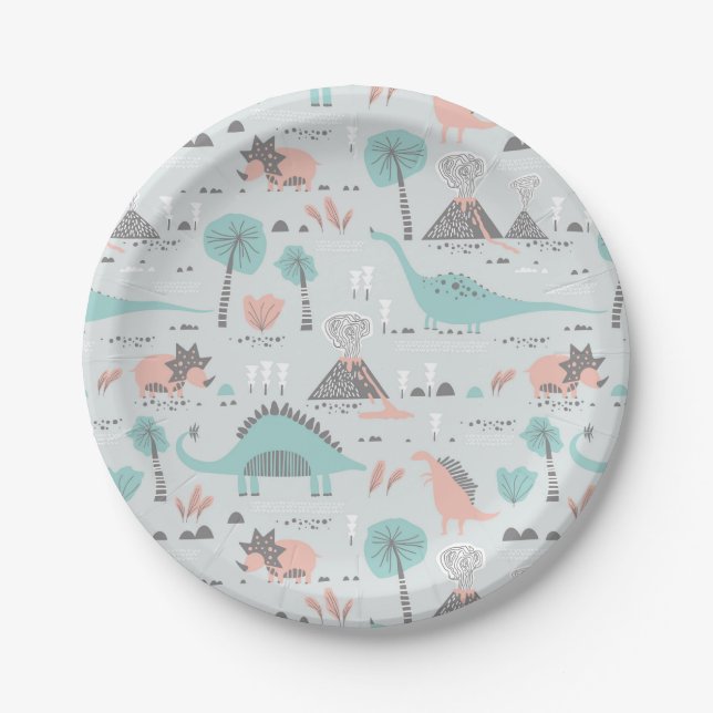 Cute Pastel Dinosaur Pattern Paper Plates (Front)