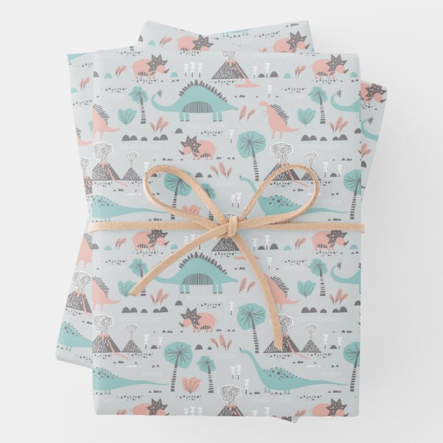 Cute Pastel Dinosaur Pattern Wrapping Paper Sheets (In situ)