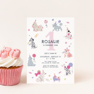 Cute Pastel Dog Girls First Birthday Invitation