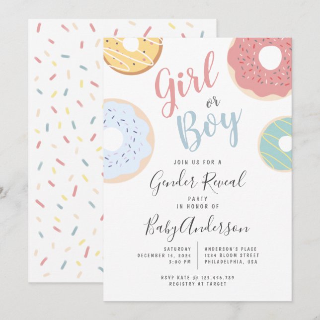 Cute Pastel Donuts Girl or Boy Gender Reveal Invitation (Front/Back)