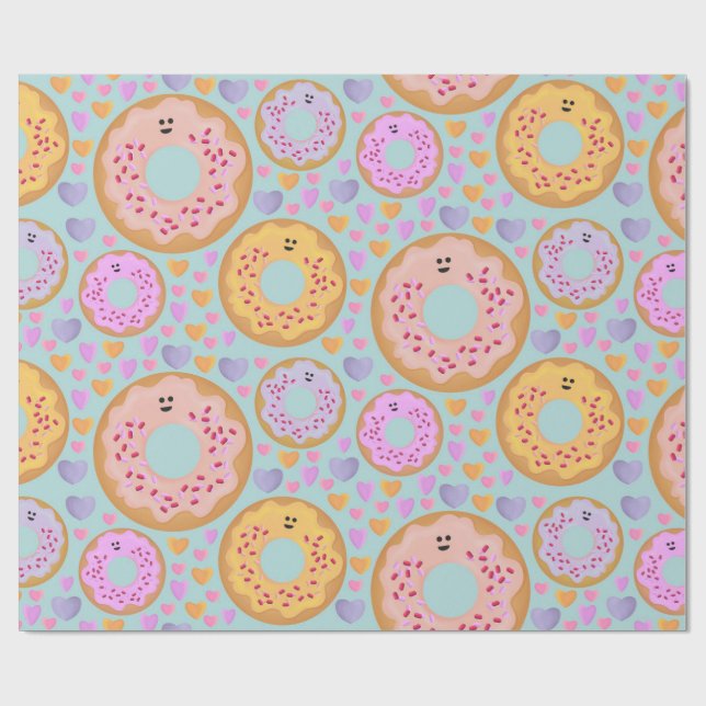 Cute Pastel Donuts & Hearts Wrapping Paper (Flat)