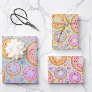 Cute Pastel Donuts & Hearts Wrapping Paper Sheets