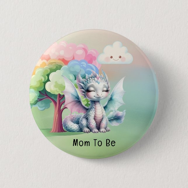 Cute Pastel Dragon Baby Shower Mom To Be Button (Front)