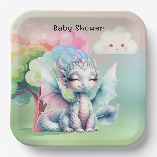 Cute Pastel Dragon Baby Shower Paper Plates (Front)