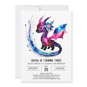 Cute Pastel Dragon Digital Girl Birthday Invitation