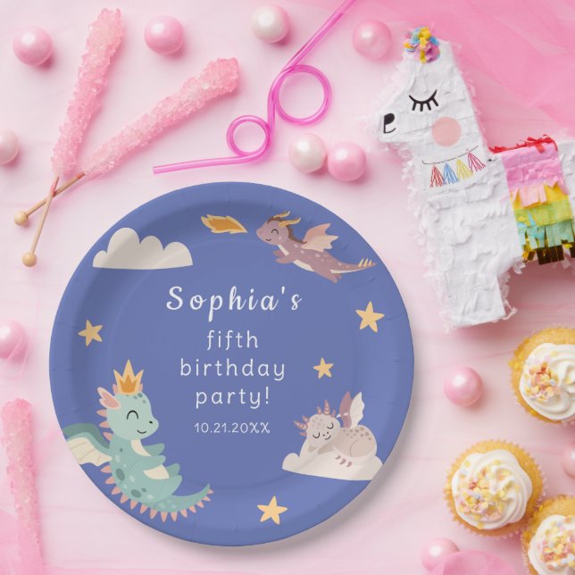 Cute Pastel Dragon Kids Birthday Party  Paper Plates (Party)