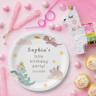 Cute Pastel Dragon Kids Birthday Party Paper Plates