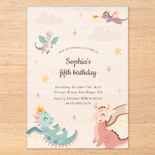 Cute Pastel Dragons Kids Birthday Party Acrylic Invitations