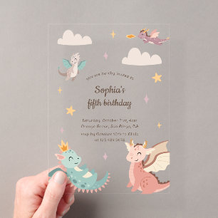 Cute Pastel Dragons Kids Birthday Party Acrylic Invitations