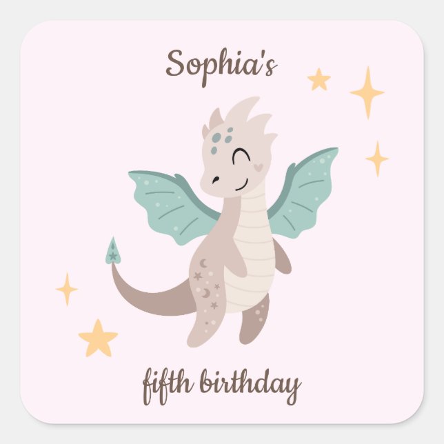 Cute Pastel Dragons Kids Birthday  Square Sticker (Front)