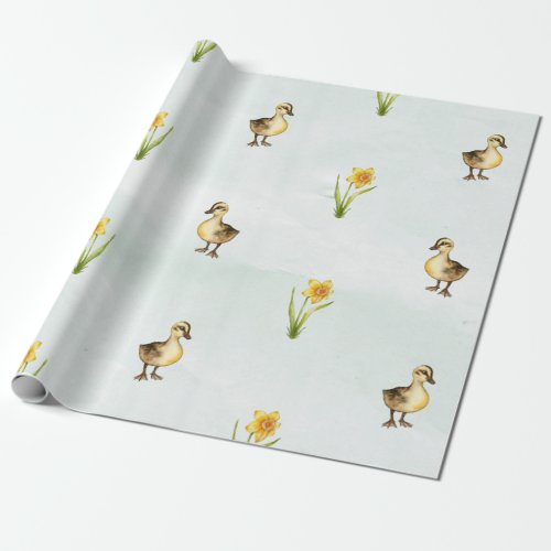Cute Pastel Ducks and Daffodils Wrapping Paper