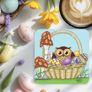 Cute Pastel Easter Basket Owl Eggs Mushrooms Coaster