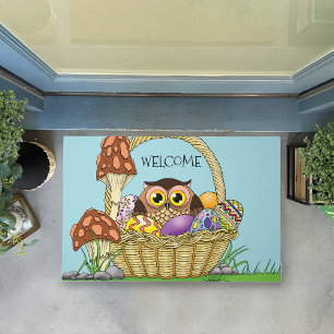 Cute Pastel Easter Basket Owl Eggs Mushrooms Doormat