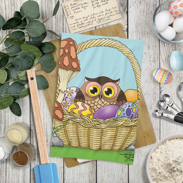 Cute Pastel Easter Basket Owl Eggs Mushrooms Kitchen Towel (Creator Uploaded)