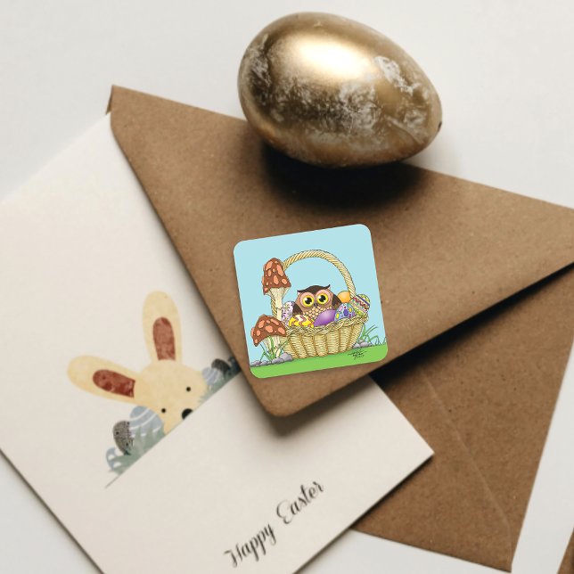 Cute Pastel Easter Basket Owl Eggs Mushrooms Square Sticker (Creator Uploaded)