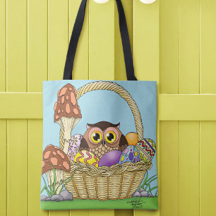 Cute Pastel Easter Basket Owl Eggs Mushrooms Tote Bag