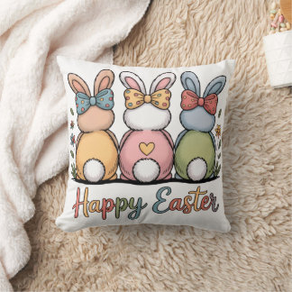 Cute Pastel Easter Bunnies | Whimsical Floral Happ Throw Pillow