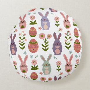 Cute Pastel Easter Bunny and Egg Seamless Pattern Round Pillow