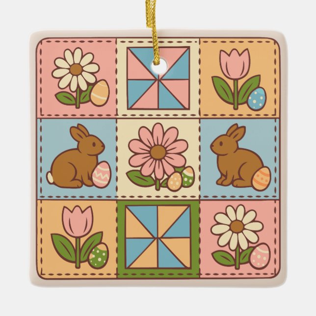 Cute Pastel Easter Bunny Flower Patchwork  Ceramic Ornament (Front)