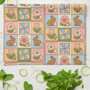 Cute Pastel Easter Bunny Flower Patchwork Kitchen Towel
