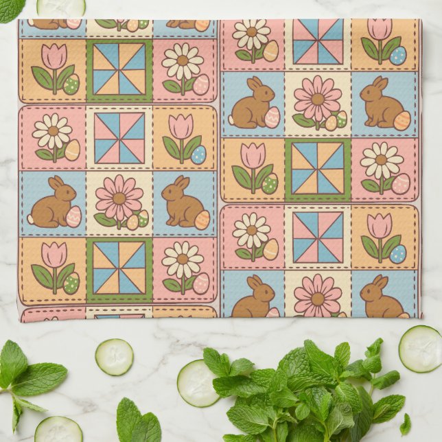 Cute Pastel Easter Bunny Flower Patchwork  Kitchen Towel (Folded)