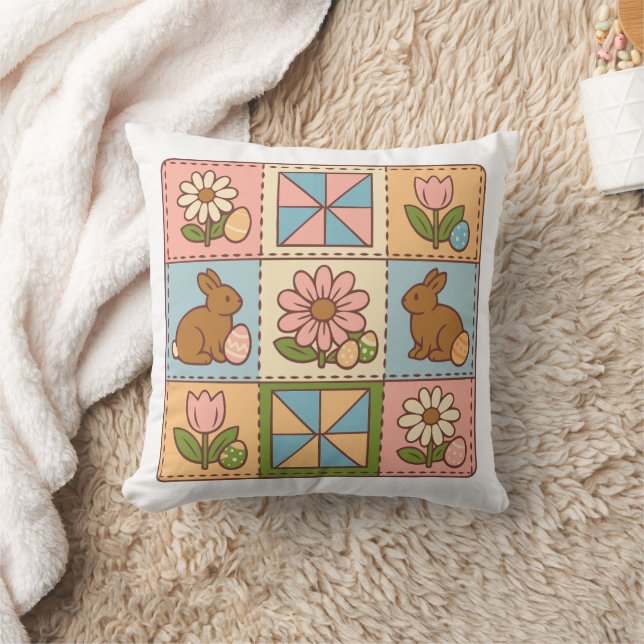 Cute Pastel Easter Bunny Flower Patchwork  Throw Pillow (Blanket)