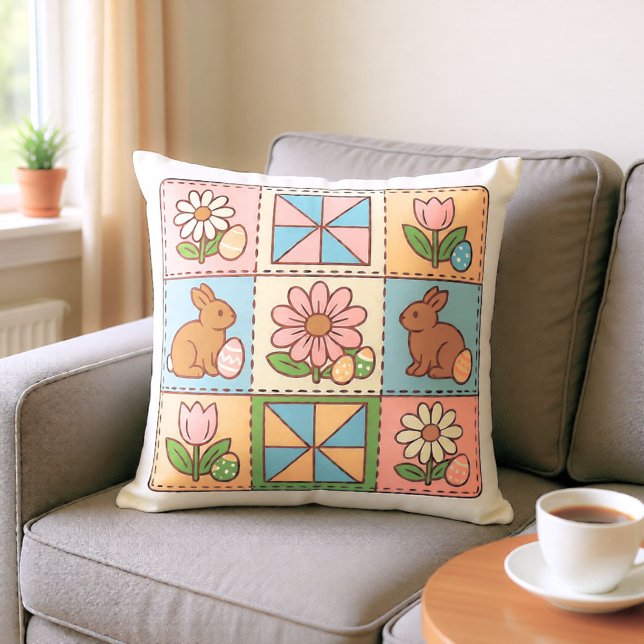 Cute Pastel Easter Bunny Flower Patchwork  Throw Pillow (Creator Uploaded)