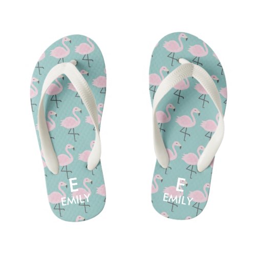 Cute Pastel Flamingo Initial Name Kids Flip Flops