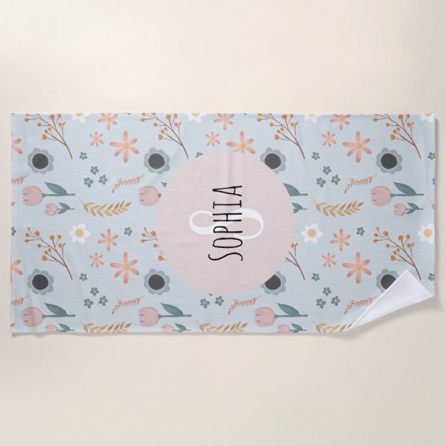 Cute Pastel Floral Print Botanical Monogram Beach Towel (Front)