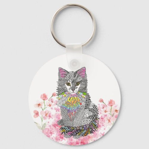 Cute Pastel Floral Watercolor Cat Keychain