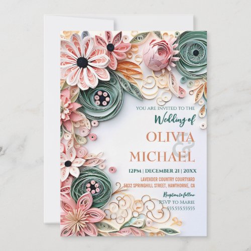 Cute Pastel Floral Wedding Frame Paper Quilling Invitation