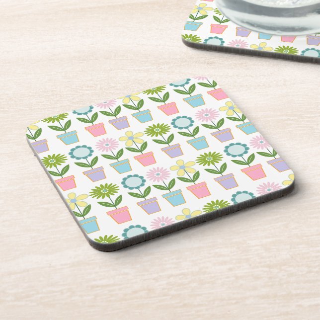 Cute Pastel Flower Pots Pattern Beverage Coaster (Left Side)