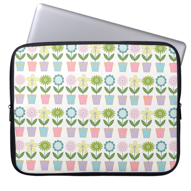 Cute Pastel Flower Pots Pattern Laptop Sleeve (Front)