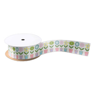 Cute Pastel Flower Pots Pattern Satin Ribbon